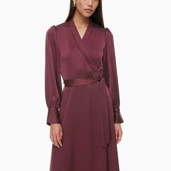 Aritzia Dresses & Skirts - New Aritzia Babton Hyde Satin Midi Long Sleeve Wrap Dress Size Large